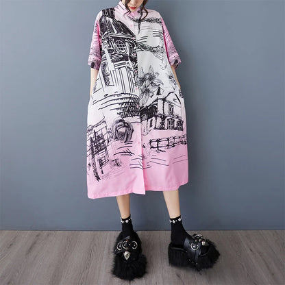 XITAO Contrast Color Print Pocket Patchwork Dress Turn-down Collar Single Breasted Short Sleeve Loose Casual Shirt Dress ZMY1169