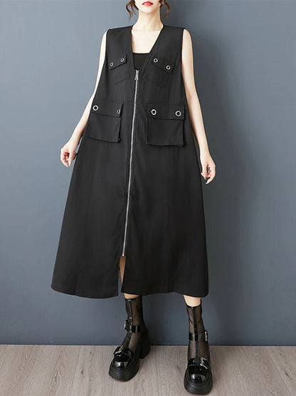 XITAO Zipper Pocket V-neck Dress Sleeveless Casual Solid Color Patchwork Temperament Slimming Summer Woman Dress ZMY1311