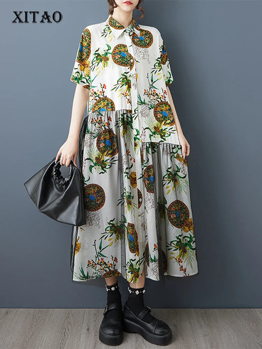XITAO Gauze Patchwork Print Dress Turn-down Collar Loose Short Sleeve Casual Temperament Slimming Summer Woman  Dress ZMY1293