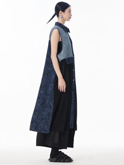 XITAO Patchwork Single Breasted Sleeveless Dress Turn-down Collar A-line Casual Pocket New Personality Female Dress GYX1522