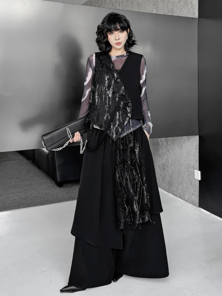 XITAO Sequins Patchwork Sleeveless Pant Sets Irregular Single Breasted V-neck Vest Elastic Waist Pocket Loose Pant ZY8939