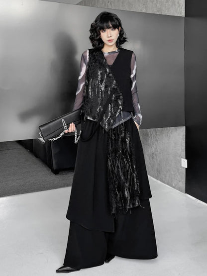 XITAO Sequins Patchwork Sleeveless Pant Sets Irregular Single Breasted V-neck Vest Elastic Waist Pocket Loose Pant ZY8939