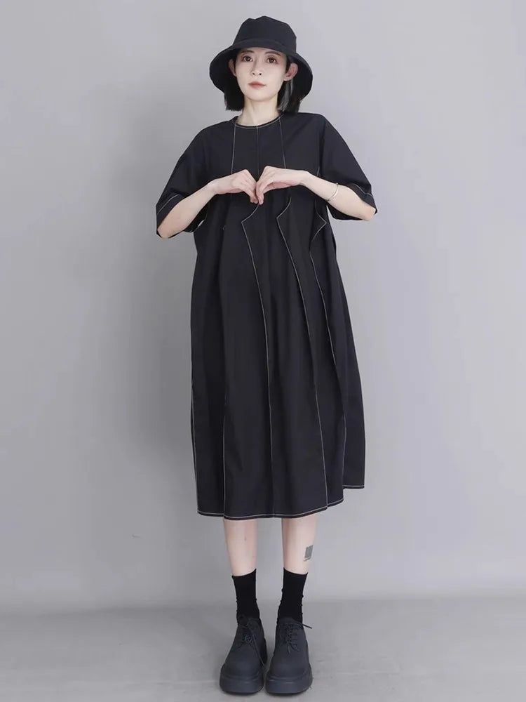 XITAO Solid Color O-neck Simple Dress Short Sleeve Slimming Patchwork Asymmetrical A-line Pullovers Summer Woman Dress ZMY1368