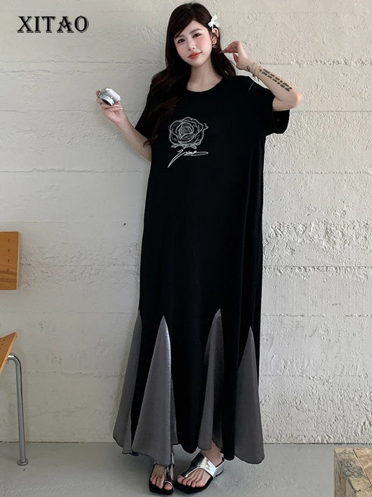 XITAO Flower Patchwork Print Dress Contrast Color Loose O-neck Short Sleeve Temperament Slimming Summer Woman Dress ZMY1299