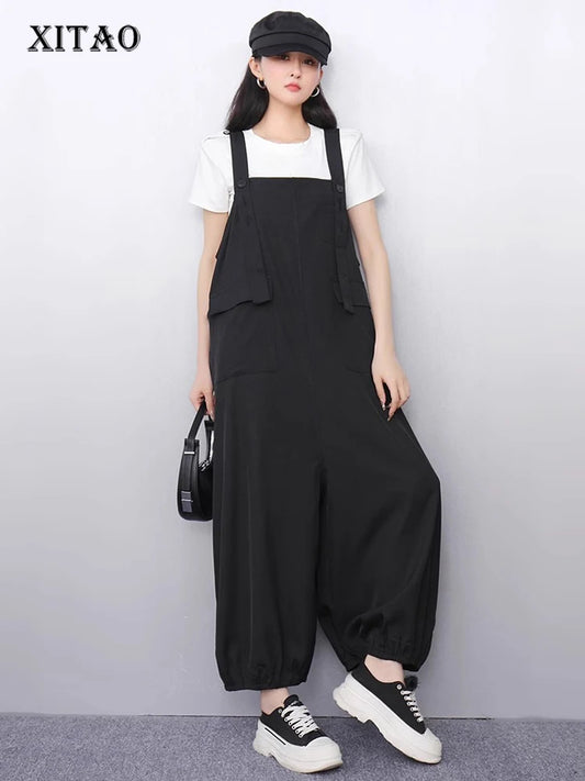 XITAO Sleeveless Straps Jumpsuits Temperament A-line Pocket Patchwork Women Loose Solid Color Summer Slimming Jumpsuits ZMY1338