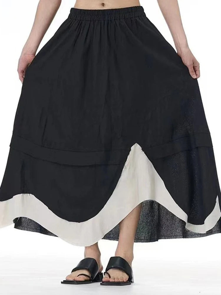 XITAO Contrast Color Patchwork Pocket Asymmetrical Skirt Elastic Waist Loose Slimming Casual A-line Mid-calf Skirt HQQ2447