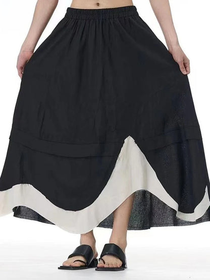 XITAO Contrast Color Patchwork Pocket Asymmetrical Skirt Elastic Waist Loose Slimming Casual A-line Mid-calf Skirt HQQ2447