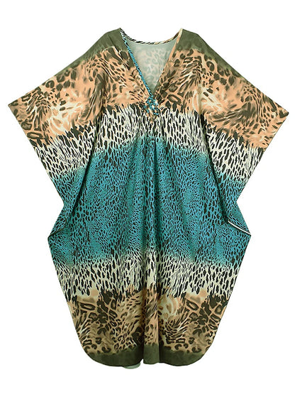 XITAO Leopard Print V-neck Dress Pullover Bat Wing Sleeve Loose Casual Vintage Temperament Summer Woman Personality Dress GJ1182