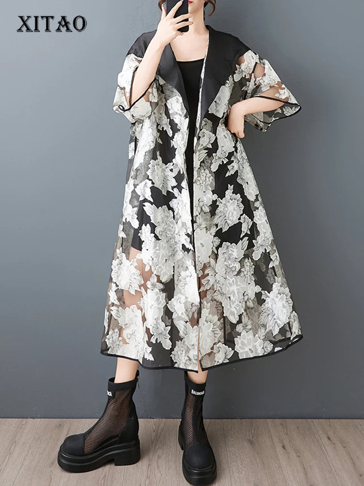 XITAO Print Patchwork Contrast Color Female Trench Hooded All-match Gauze Half Sleeve Summer Woman Cardigans Trench ZMY1257