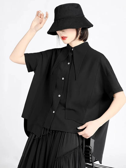 XITAO Asymmetrical Female Shirt Casual Loose Fitting Turn-down Collar Short Sleeve Solid Color Summer Women Blouse ZMY1202
