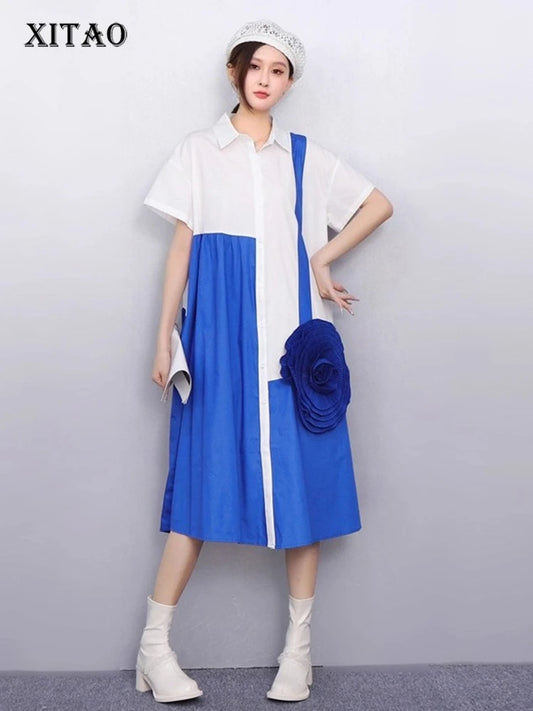 XITAO Three-dimensional Decoration Flower Dress Contrast Color Patchwork Turn-down Collar Loose Summer Woman Dress ZMY1397