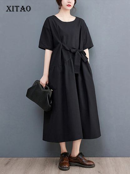 XITAO Folds Patchwork O-neck Dress Simple Solid Color Casual Irregular Short Sleeve Women Temperament Slimming Dress ZMY1062