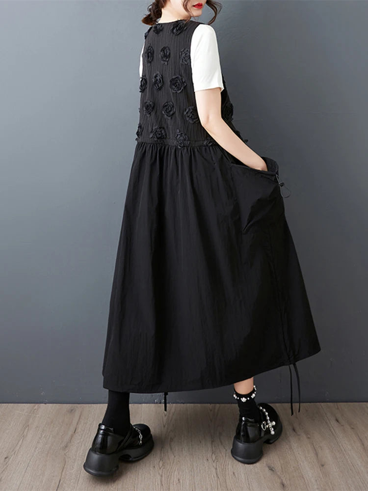 XITAO Pocket Draw String Sleeveless Fenake Dress Three-dimensional Flower Loose O-neck Solid Color Summer Woman Dress ZMY1275