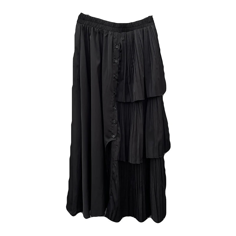 XITAO Folds Irregular Button Skirt Personality Ruffles Patchwork Women Simple Solid Color All-match Elastic Waist Skirt ZMY1077