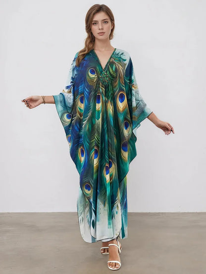 XITAO Peacock Print Vintage Dress Pullover V-neck Bat Wing Sleeve Temperament Slim Summer Woman Loose Casual Dress GJ1152