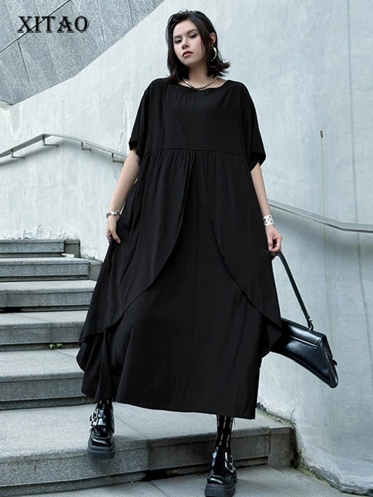XITAO Asymmetrical Solid Color Dress O-neck Short Sleeve Slimming New Arrival Pullover Loose Casual Summer Woman Dress ZMY1378
