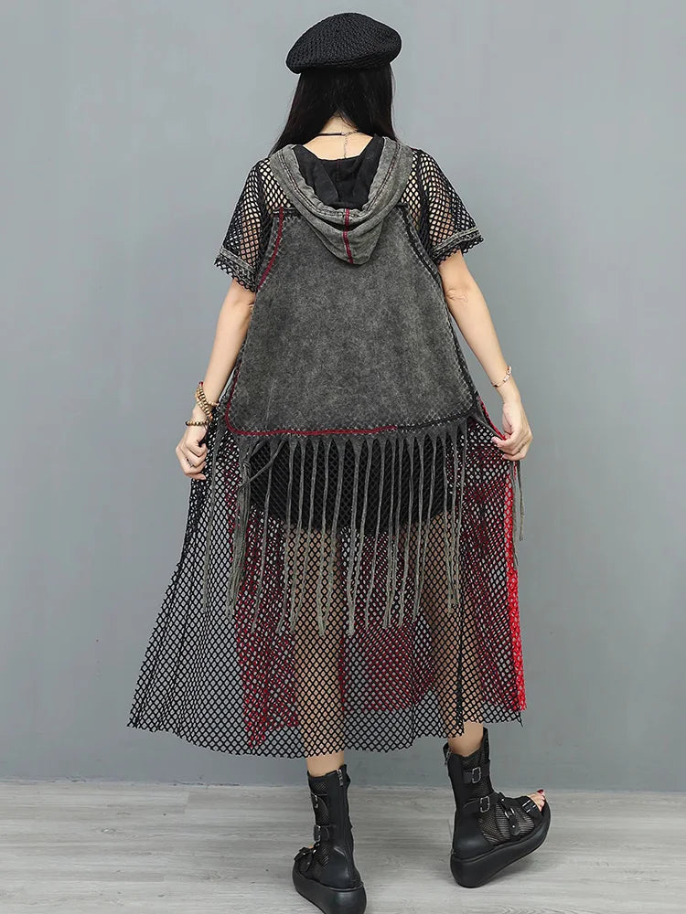 XITAO Hollow Out Patchwork Trend Dress Loose Contrast Color Short Sleeve Casual Personality Hooded Summer Woman Dress HQQ2510