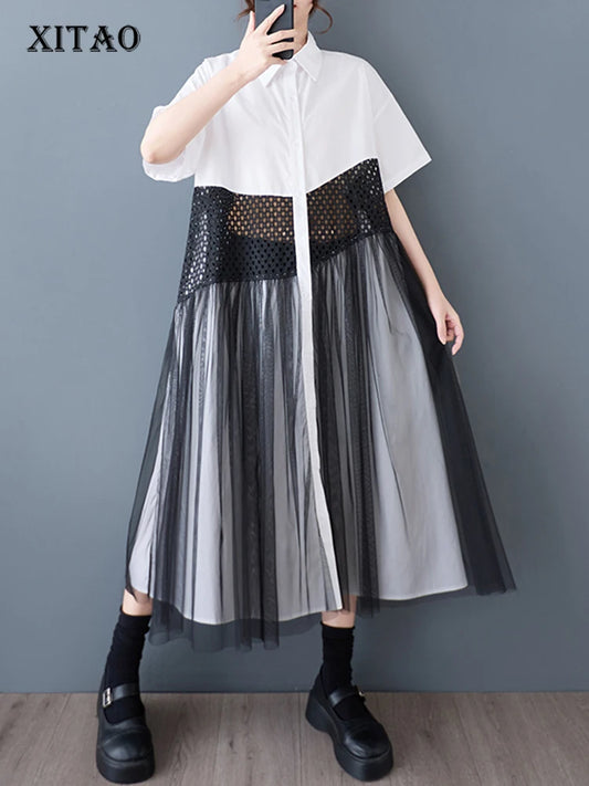 XITAO Patchwork Mesh Single Breasted Dress Casual Solid Color A-line Sweet Short Sleeve Turn-down Collar Female Dress GYX1566