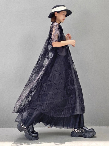 XITAO Lace Patchwork Single Breasted Dress Solid Color Turn-down Collar Short Sleeve Loose A-line Slim All Match Dress ZMY1190