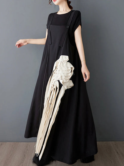 XITAO Asymmetrical Patchwork Flower Button Dress Contrast Color Loose Fitting Casual A-line Personality Women Dress ZMY1060