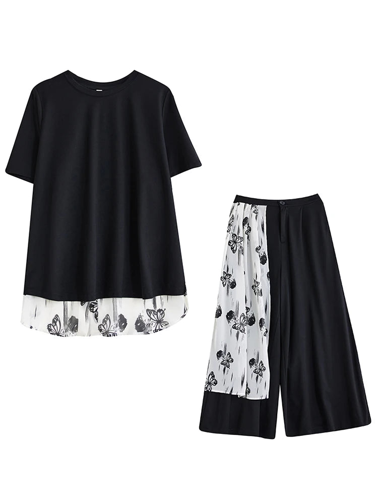 XITAO Print Patchwork Loose Sets Temperament Two-piece Short Sleeve O-neck Wide Leg Pants New Arrival All-match Sets ZMY1268