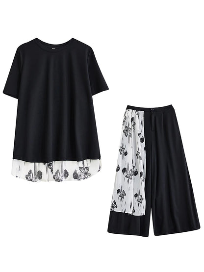XITAO Print Patchwork Loose Sets Temperament Two-piece Short Sleeve O-neck Wide Leg Pants New Arrival All-match Sets ZMY1268