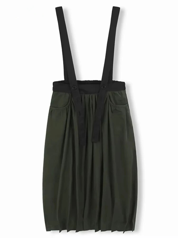 XITAO Folds Suspenders Contrast Color Skirts Casual Pocket Patchwork All Match A-line Loose Slimming Personality Skirt ZY8932