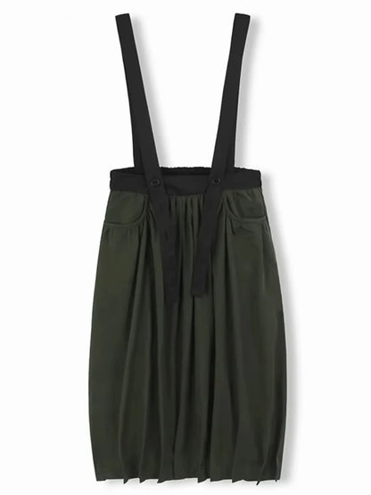 XITAO Folds Suspenders Contrast Color Skirts Casual Pocket Patchwork All Match A-line Loose Slimming Personality Skirt ZY8932