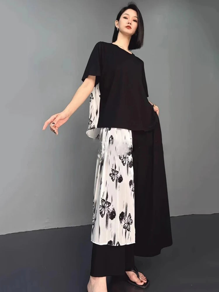 XITAO Butterfly Patchwork Female Sets Pullovers Personality Elegant Print O-neck Wide Leg New Arrival Woman Summer Sets ZMY1284