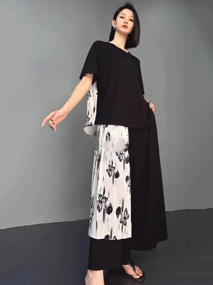 XITAO Butterfly Patchwork Female Sets Pullovers Personality Elegant Print O-neck Wide Leg New Arrival Woman Summer Sets ZMY1284