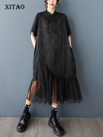 XITAO Loose Mesh Patchwork Female Dress Casual Vintage Tassel Women Summer Short Sleeve Irregular Goddess Fan Dress HQQ2480