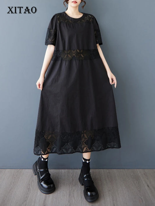 XITAO Hollow Out Patchwork Lace Dress Casual O-neck A-line Short Sleeve A-line New Arrival Fashion Summer Women Dress HQQ2472