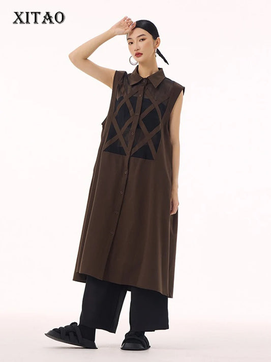 XITAO Vintage Patchwork Loose Dress Personality Sleeveless Single Breasted Women Casual Fashion Simple Shirt Dress GMM1303