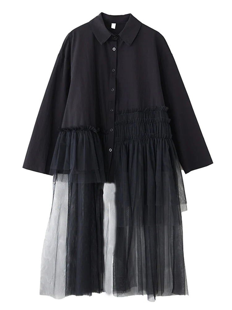 XITAO Irregular Patchwork Mesh Pleated Dress Casual Turn-down Collar Single Breasted Buckle Full Sleeve New Women Dress GYX1509
