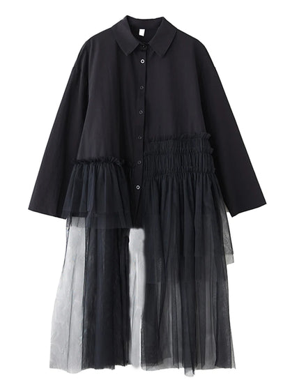 XITAO Irregular Patchwork Mesh Pleated Dress Casual Turn-down Collar Single Breasted Buckle Full Sleeve New Women Dress GYX1509