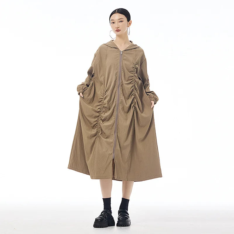 XITAO Pleated Zipper Hooded Full Sleeve Dress Loose Fitting A-line Vintage Japanese Style Leisure Spring Women Dress HQQ2440