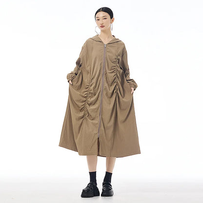 XITAO Pleated Zipper Hooded Full Sleeve Dress Loose Fitting A-line Vintage Japanese Style Leisure Spring Women Dress HQQ2440