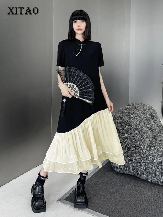 XITAO Gauze Patchwork Contrast Color Stand Collar Dress Single Breasted Pullover Loose Temperament Mid-calf Sweet Dress GYX1584