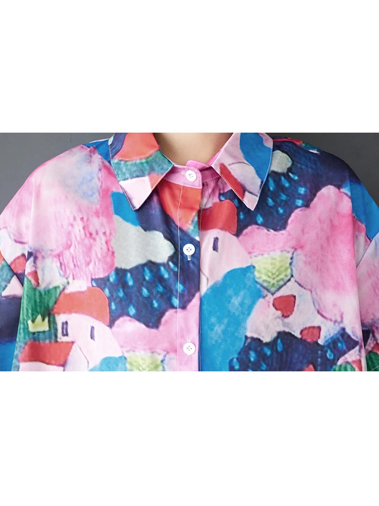 XITAO Loose Print Irregular Shirt Dress Casual A-line Single Breasted Women Summer Short Sleeve Turn-down Collar Dress ZMY1136