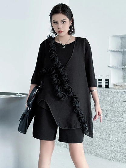 XITAO Asymmetric Flower Patchwork Vest Personality V-neck Irregular Solid Color All-match Women Simple Temperament Top HQQ2478