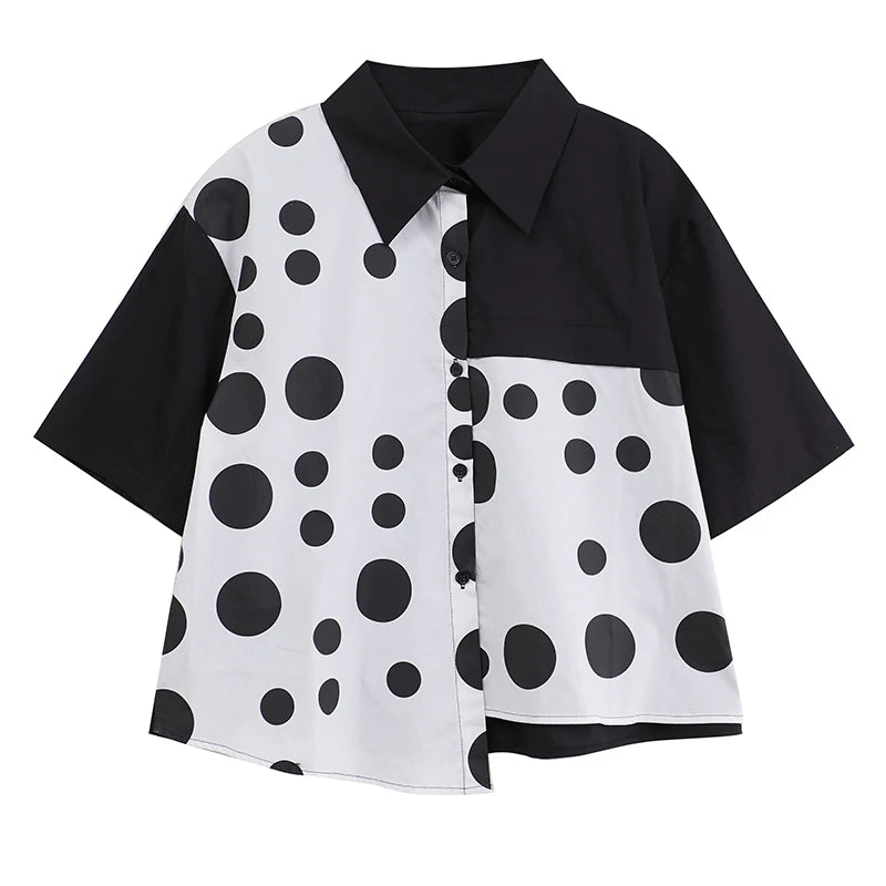 XITAO Patchwork Polka Dot Asymmetric Lapel Shirt Casual Turn-down Collar Short Sleeve Single Breasted Summer Blouse HQQ2453