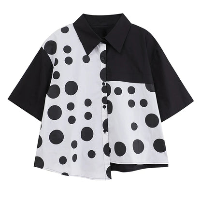 XITAO Patchwork Polka Dot Asymmetric Lapel Shirt Casual Turn-down Collar Short Sleeve Single Breasted Summer Blouse HQQ2453