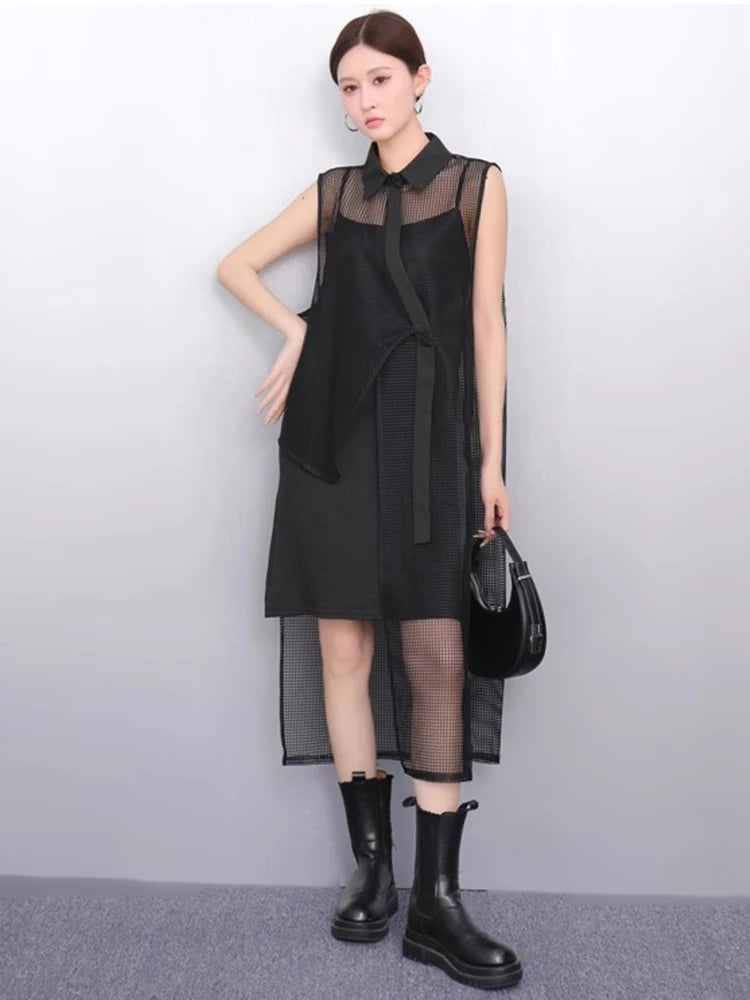 XITAO Asymmetrical Mesh Sleeveless Loose Dress Hollow Out Temperament Solid Color Elegant Casual Summer Woman Dress ZMY1276