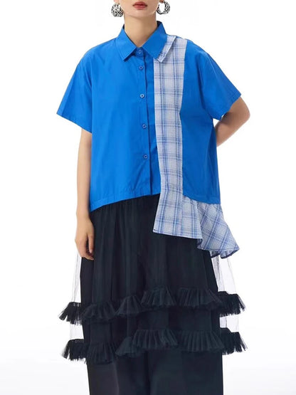 XITAO Loose Plaid Patchwork Shirt Dress Personality Mesh Women Summer Temperament All-match Turn-down Collar Dress ZMY1394