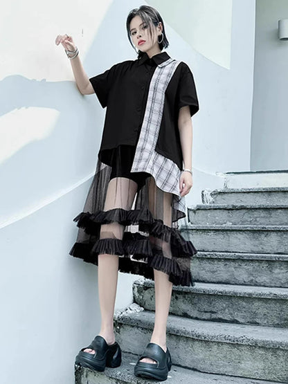 XITAO Mesh Patchwork Shirt Dress Casual Short Sleeve Single Breasted Women Summer All-match Irregular Loose Dress ZMY1396