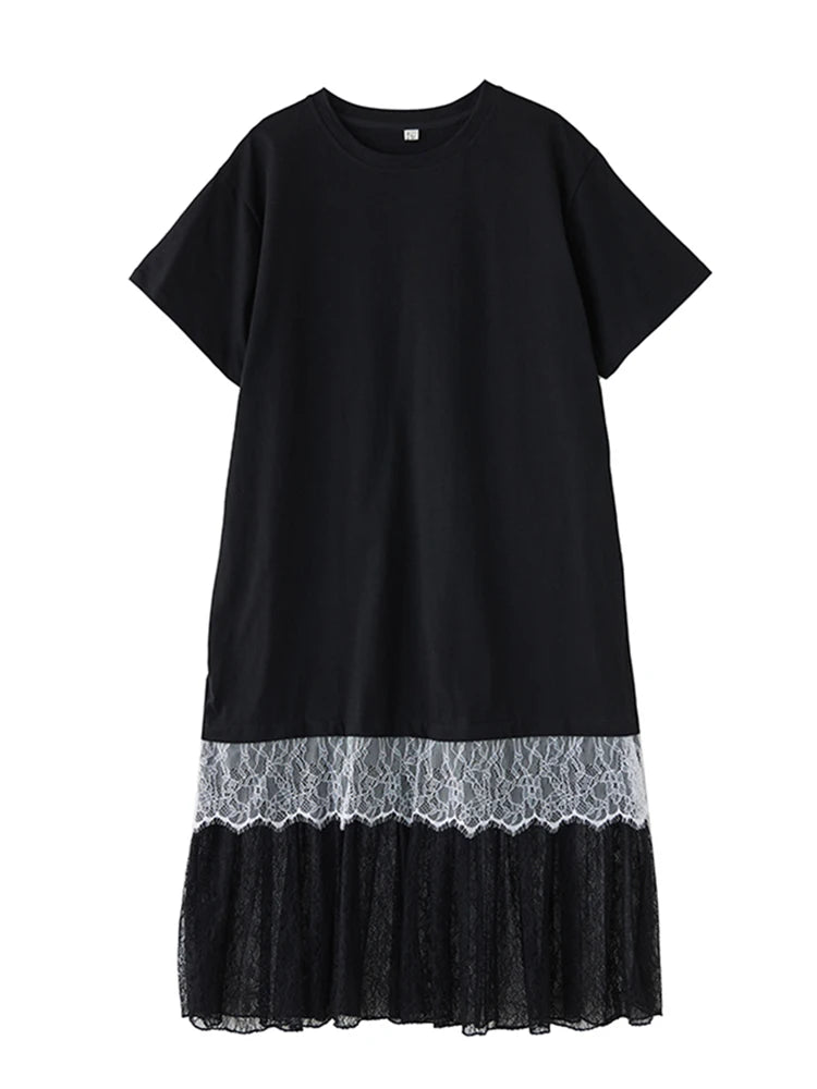 XITAO Gauze Patchwork Lace Contrast Color Pullover Dress O-neck Short Sleeve Loose A-line Mid-calf Casual T-shirt Dress HQQ2474