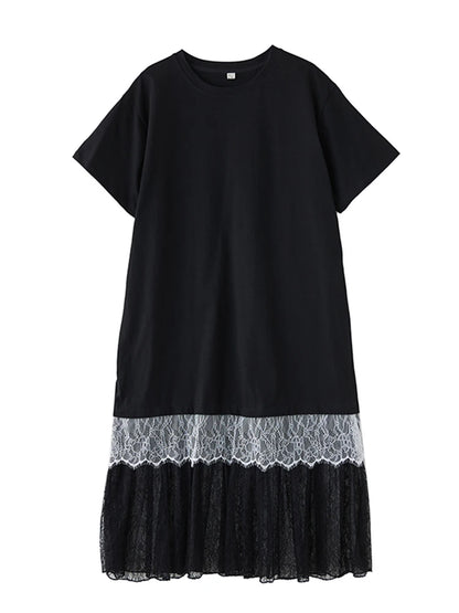 XITAO Gauze Patchwork Lace Contrast Color Pullover Dress O-neck Short Sleeve Loose A-line Mid-calf Casual T-shirt Dress HQQ2474