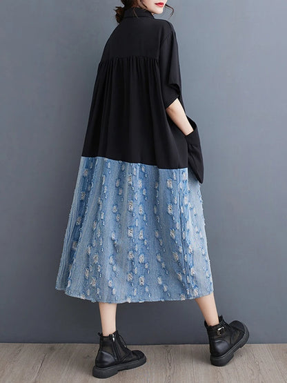 XITAO Contrast Color Patchwork Pocket Female Dress Pullover Turn-down Collar Short Sleeve Casual Loose Slimming Dress ZMY1059