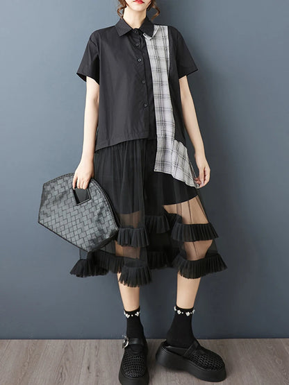 XITAO Asymmetrical Gauze Patchwork Dress Fashion Short Sleeve Turn-down Collar Loose Casual All-match Summer Woman Dress ZMY1388