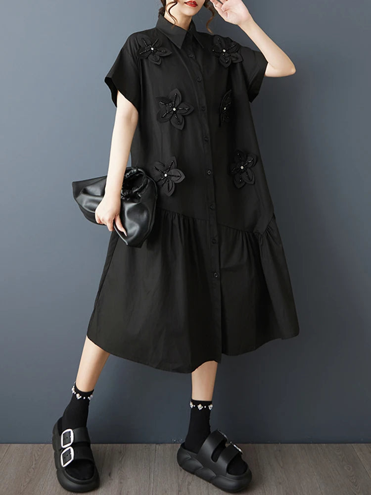 XITAO Flower Turn-down Collar Short Sleeve Dress Solid Color Irregular Patchwork Loose Casual Sweet Summer Woman Dress ZMY1386